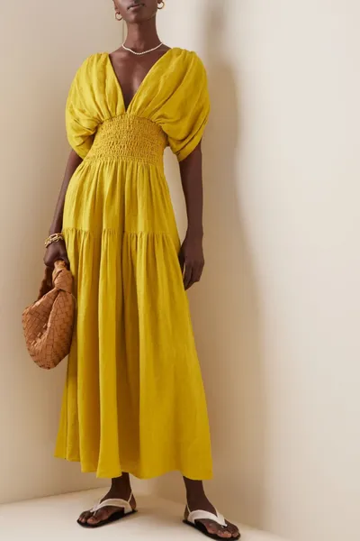   Robe longue tissée smockée en jaune
