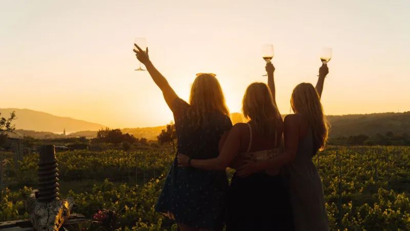  Kolme naista nostaa viinilasit ilmaan laajan viinitarhan edessä auringonlaskun aikaan.