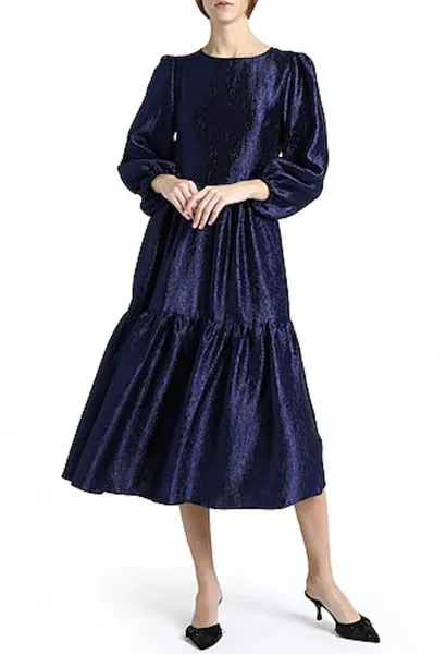   marineblauwe midi-jurk met lange mouwen