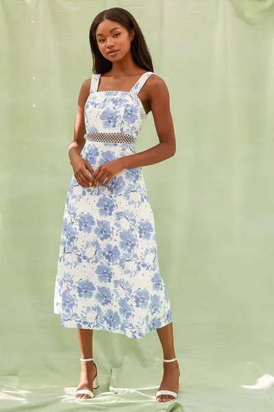  midi-jurk met blauwe en witte print