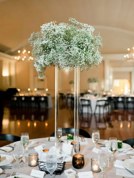   Sarah ja Donovan's tall centerpieces of baby's breath on lucite stands