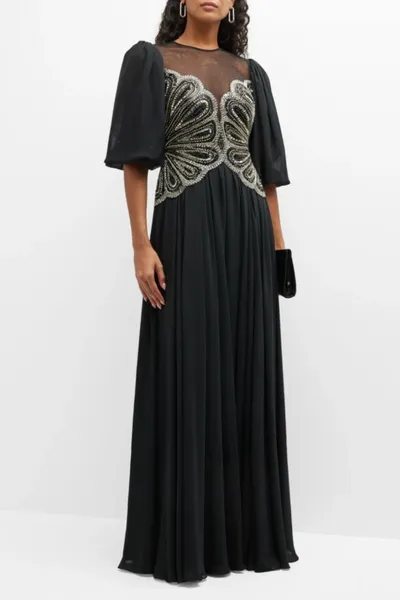   Црна хаљина А-кроја са пуф рукавима са перлама