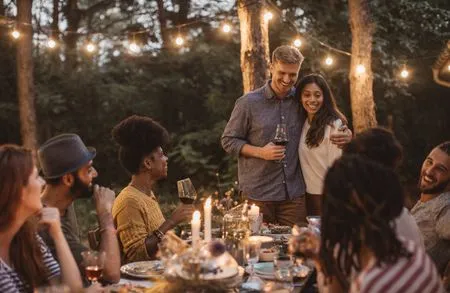   Un couple fiancé se tient debout tout en portant un toast de fiançailles lors d'une fête en plein air avec des amis
