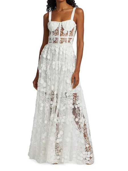  שמלת מקסי של ברונקס ובנקו סקרלט עם שכבת תחרה לבנה ומחוך צמוד